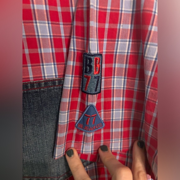Y2K Bugle Boy Vintage Plaid Shirt Denim Pocket Button Up Red Blue Medium - Picture 4 of 13